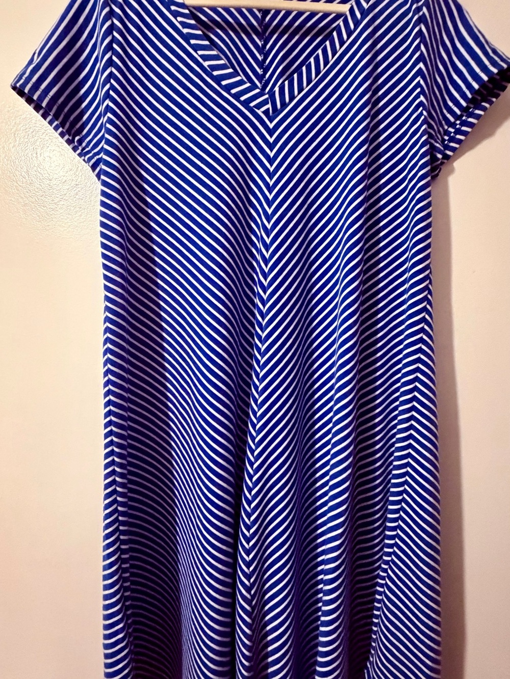 Blue and White Striped V-Neck Midi Dress